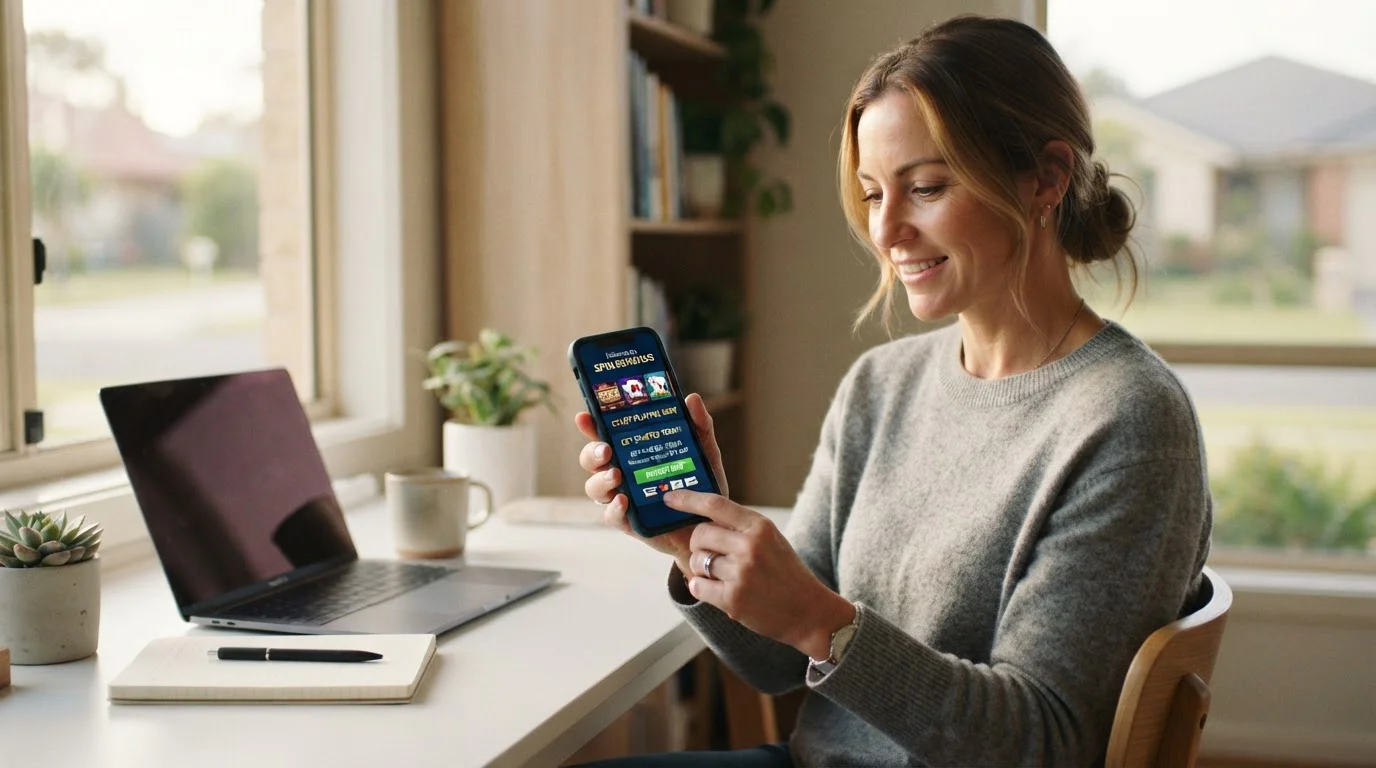 Australian player checking mobile pokies site with $10 deposit threshold on screen