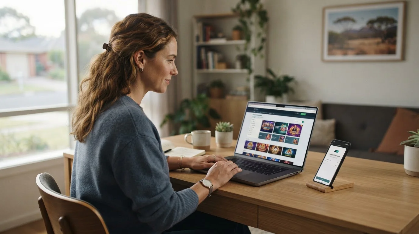 Australian player examining PayID casino options on laptop with banking app visible on smartphone