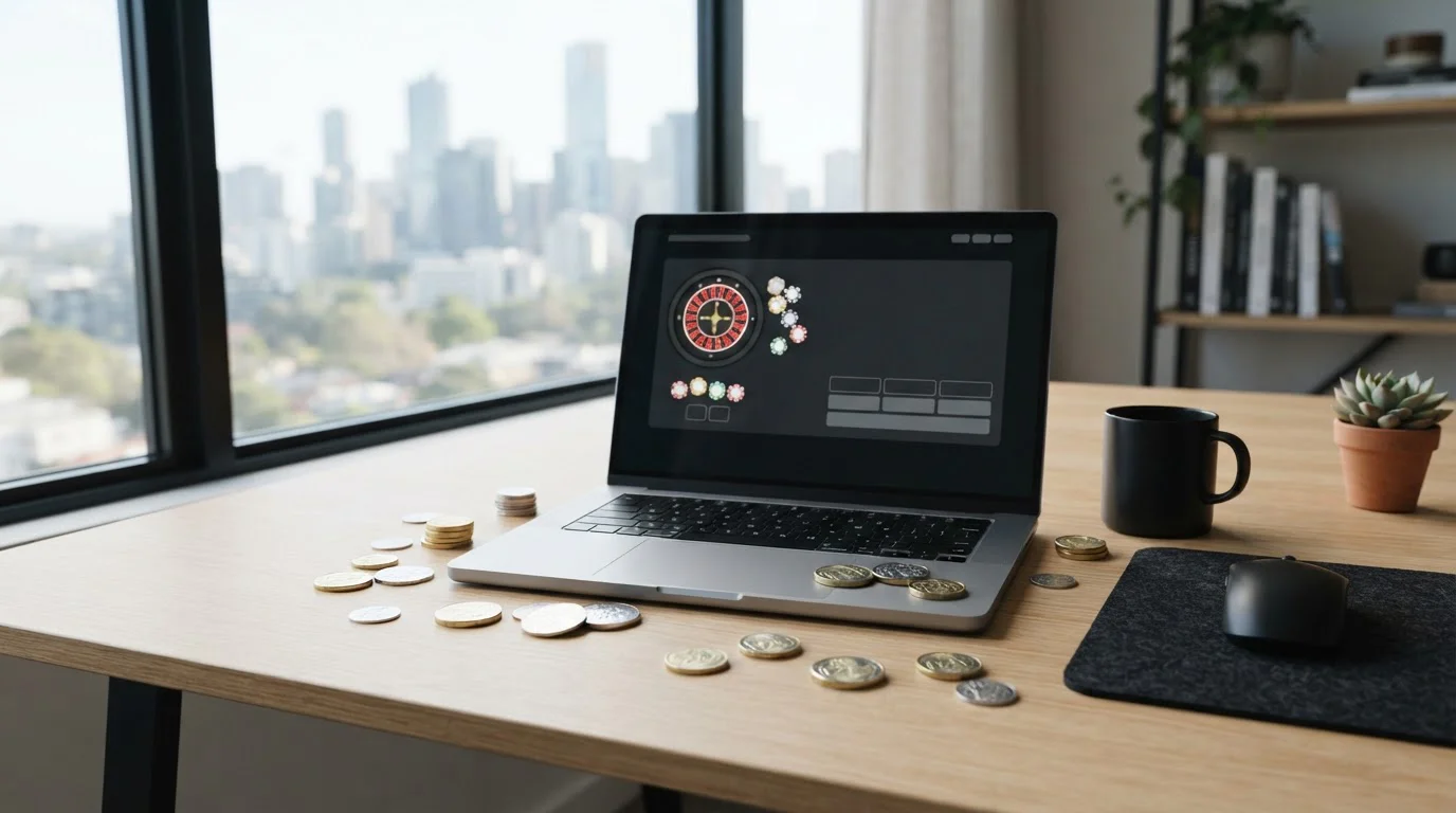 Australian casino player depositing $2 minimum at laptop with coins on desk