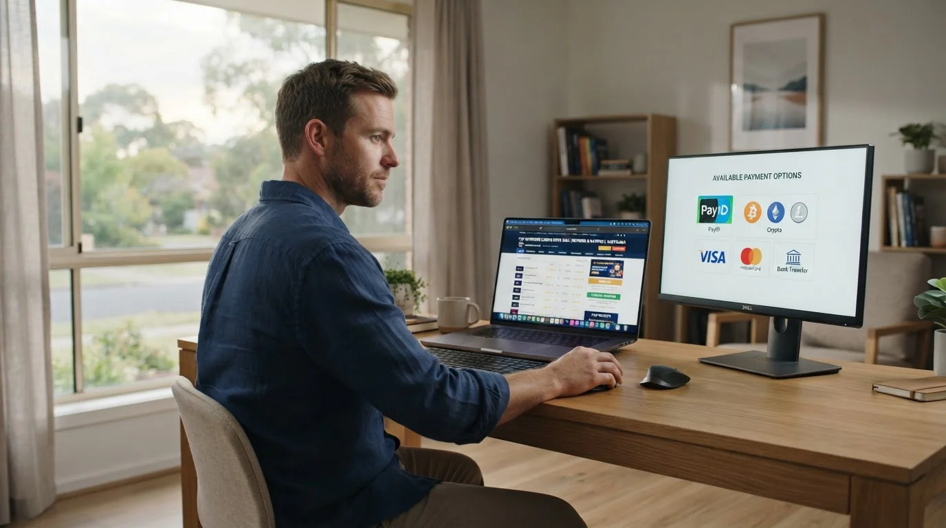 Australian player reviewing offshore casino options with laptop and payment methods