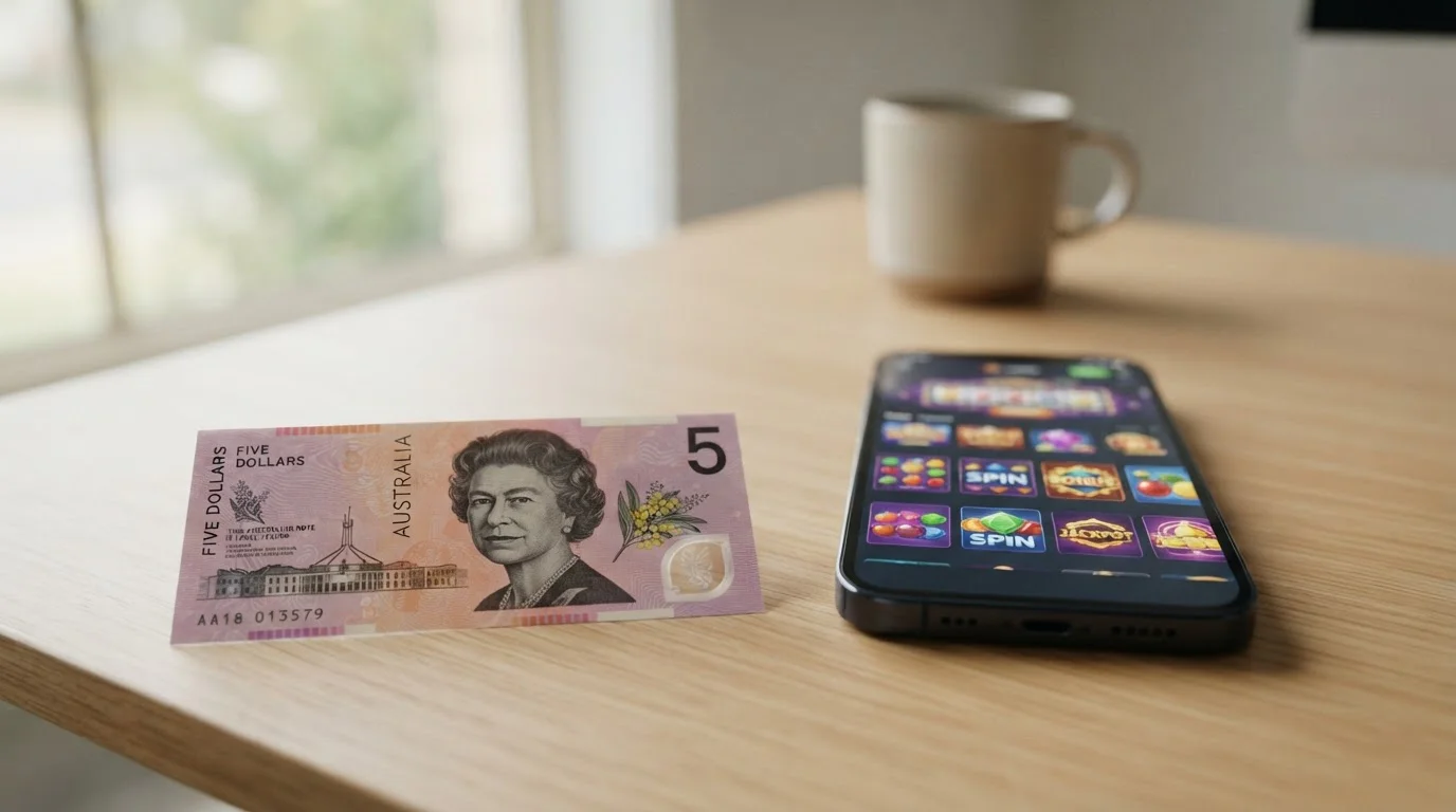 Five dollar AUD note on a smartphone screen with pokies lobby in the background