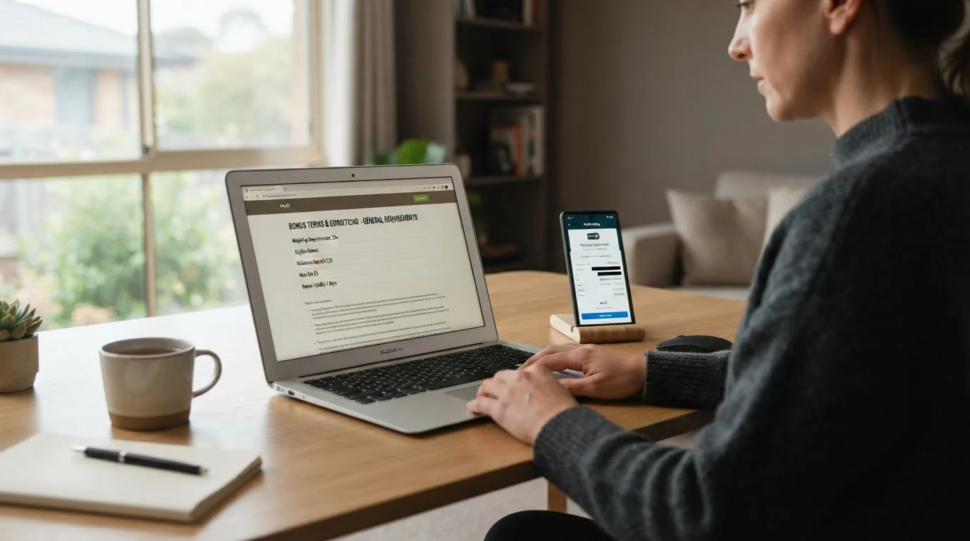 Person reviewing no deposit bonus terms on laptop with smartphone showing PayID banking app