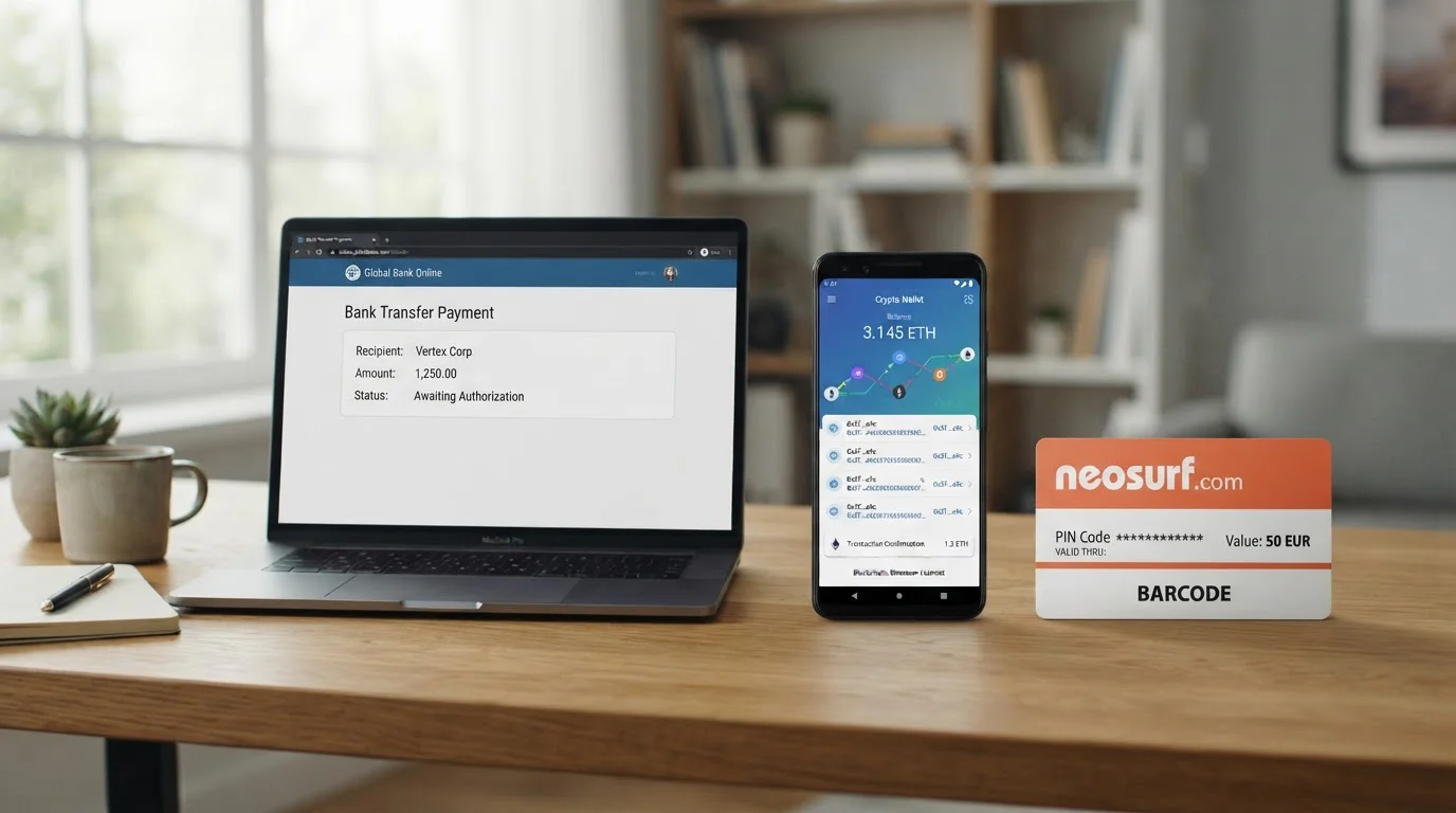 Neosurf voucher and cryptocurrency wallet on desk