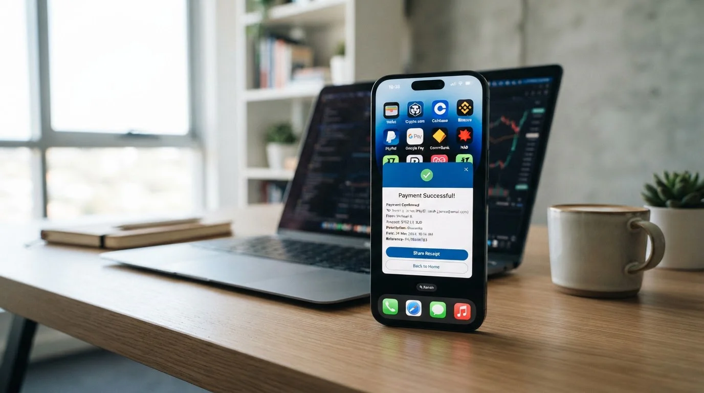 Smartphone screen showing PayID transfer confirmation with crypto wallet and e-wallet app icons