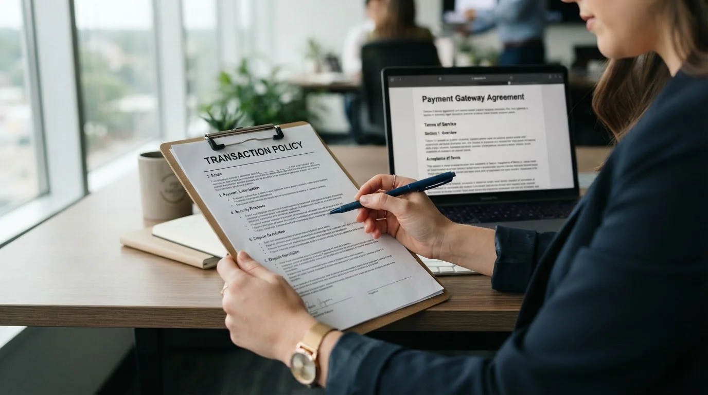 Person at desk reviewing printed financial document labeled Transaction Policy with laptop in background