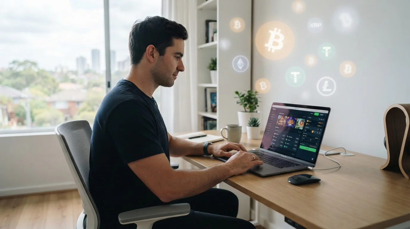 Australian player using crypto casino on laptop with Bitcoin symbols