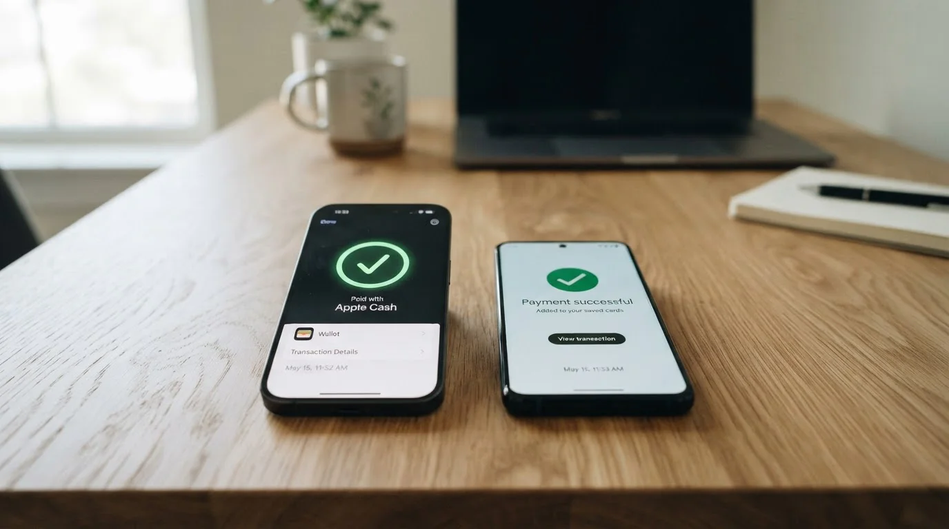 Two smartphones displaying Apple Pay and Google Pay interfaces for casino payments