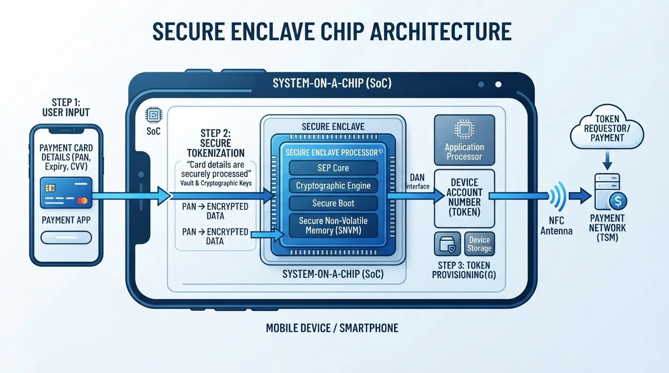 Secure Enclave chip diagram showing tokenization process for mobile payments