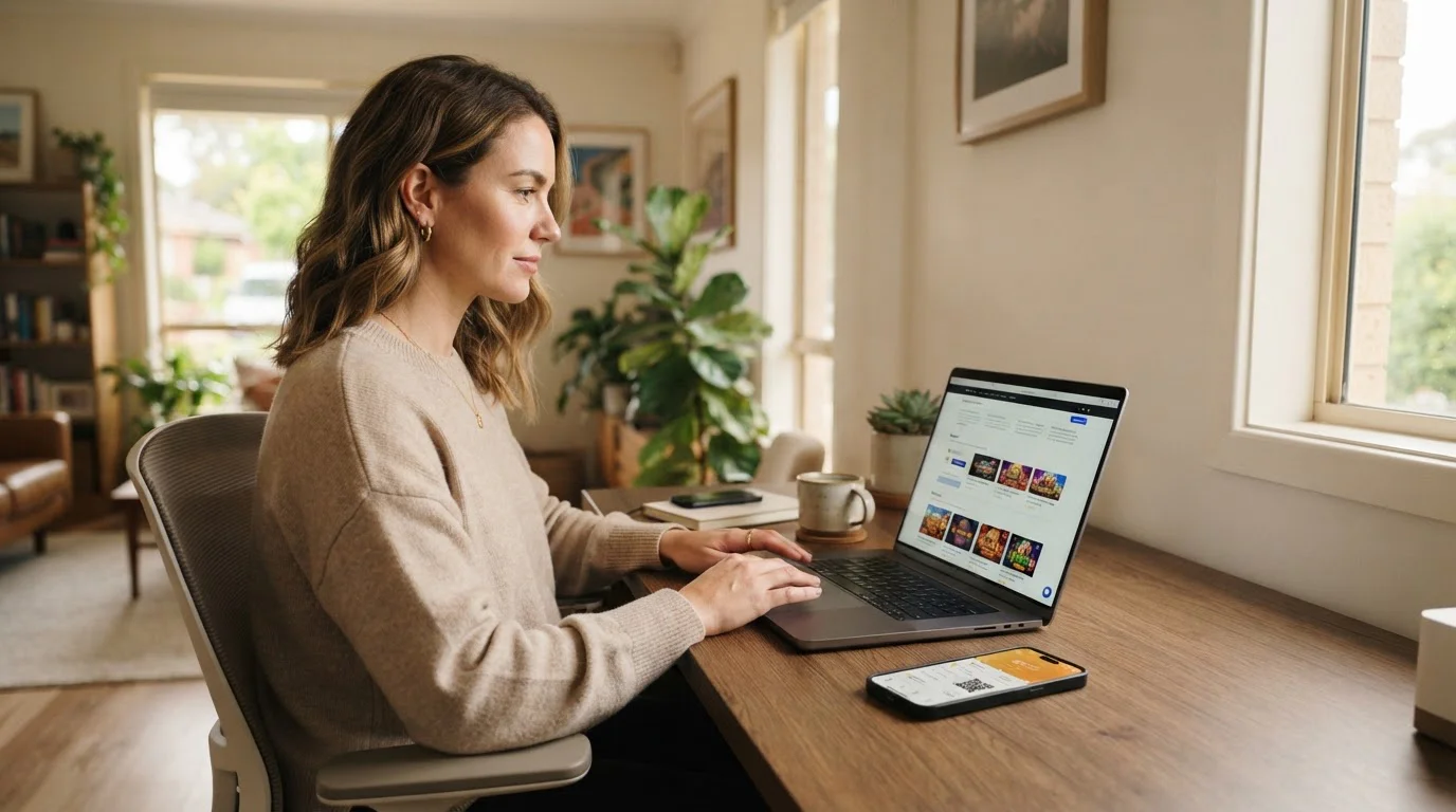 Australian player reviewing crypto casino options on laptop with Bitcoin and smartphone