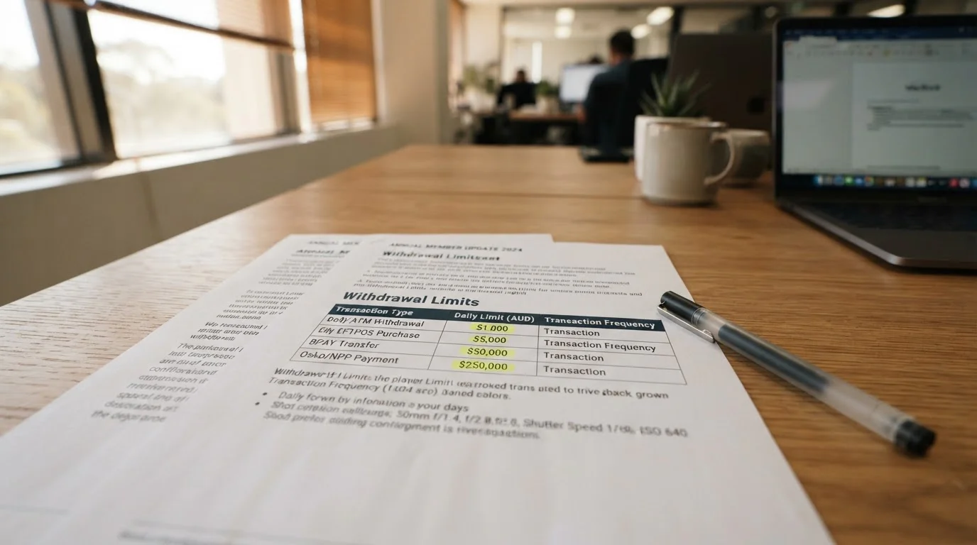 Document showing withdrawal limits table with Australian dollar amounts highlighted