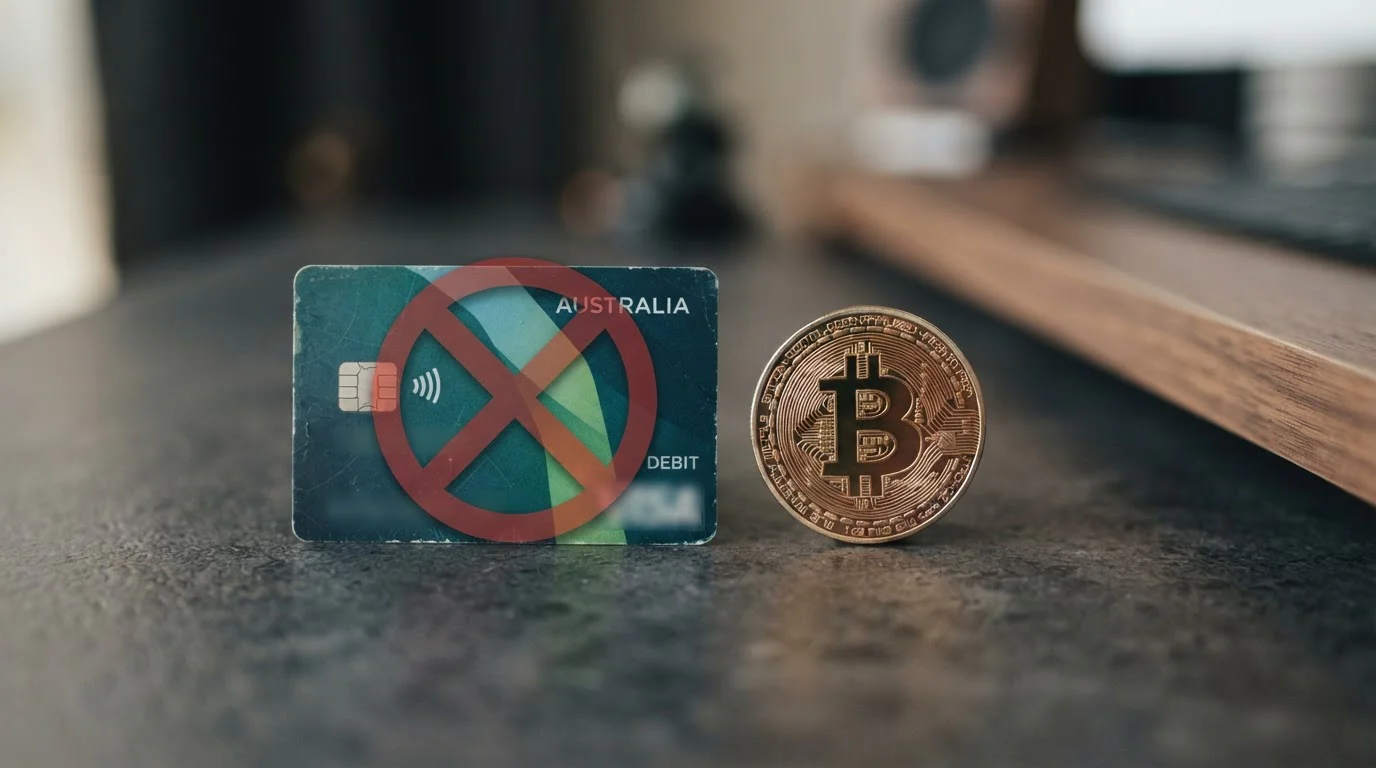 Australian bank card with crossed-out symbol and Bitcoin logo