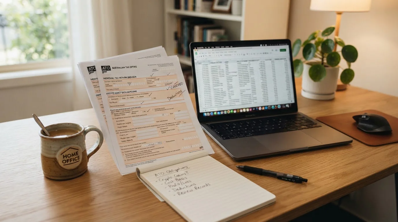 Calm office scene with Australian tax documents and cryptocurrency transaction records