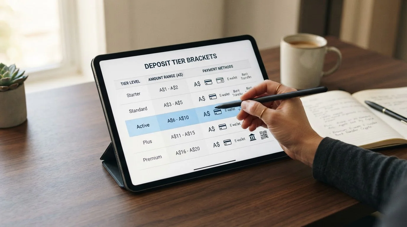 Comparison chart showing deposit tiers from A$1 to A$20 with payment method icons