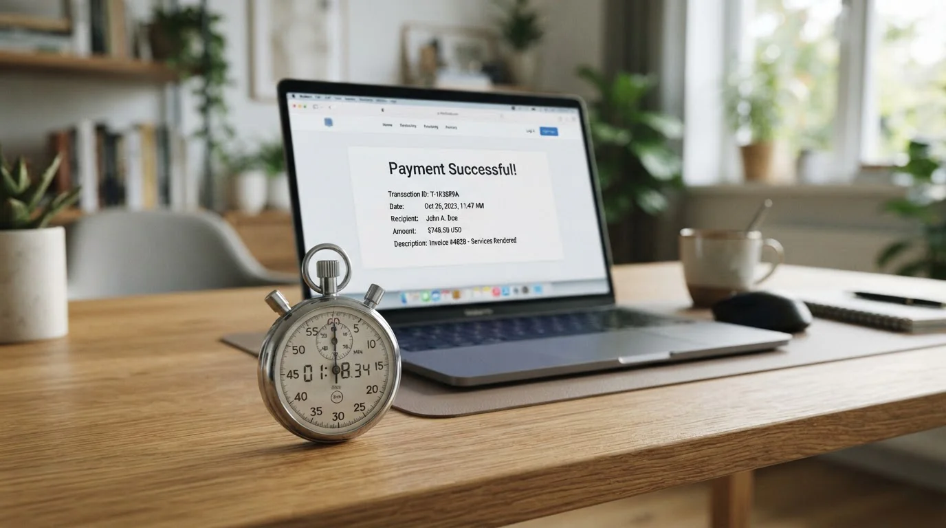 Stopwatch timing casino withdrawal next to laptop showing PayID transaction confirmation