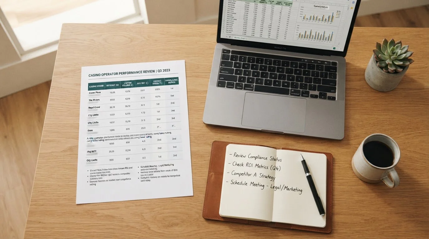 Overhead desk view with comparison document showing casino rankings and metrics