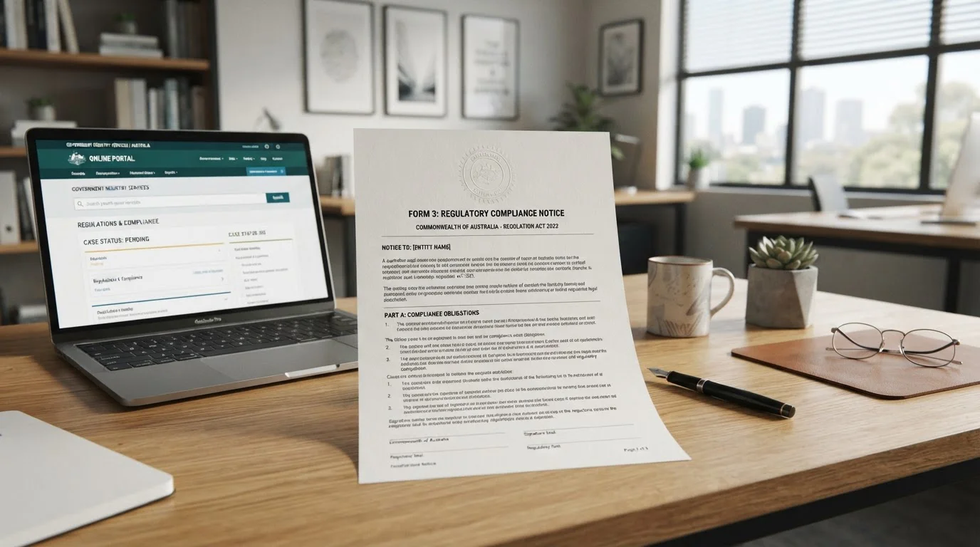 Clean modern desk with Australian legal document showing Interactive Gambling Act text and neutral regulatory seal