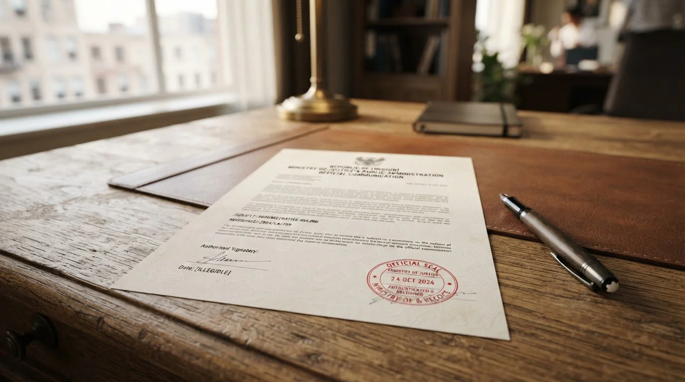 Official government document with stamp on wooden desk
