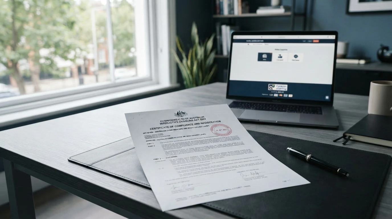 Australian legal document showing Interactive Gambling Act with laptop displaying offshore casino Curaçao license