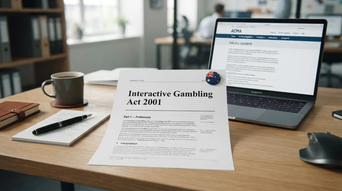 Desk with printed Interactive Gambling Act document, laptop, and small Australian flag pin