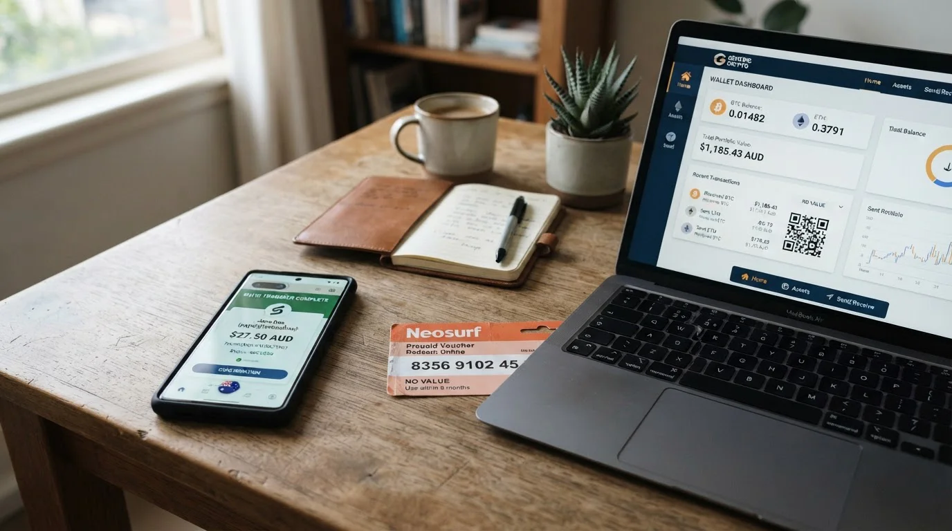 Australian smartphone showing PayID interface, Neosurf voucher, and cryptocurrency wallet on desk