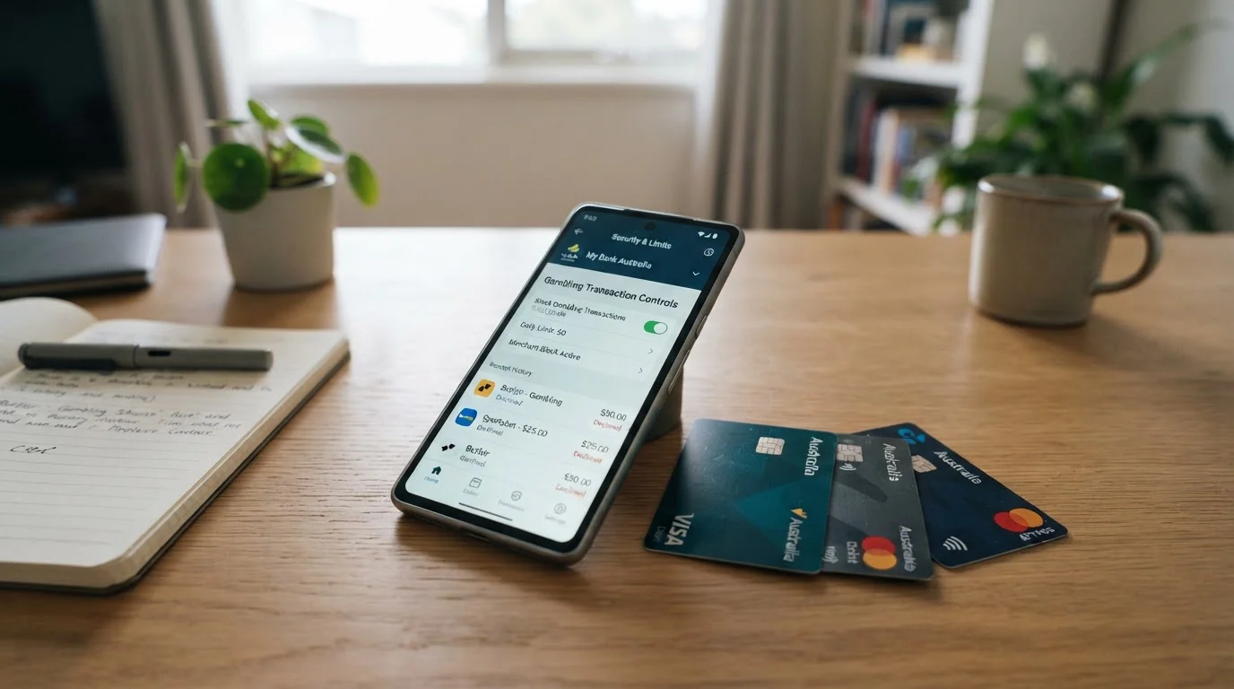 Australian bank cards with gambling transaction controls interface on mobile screen