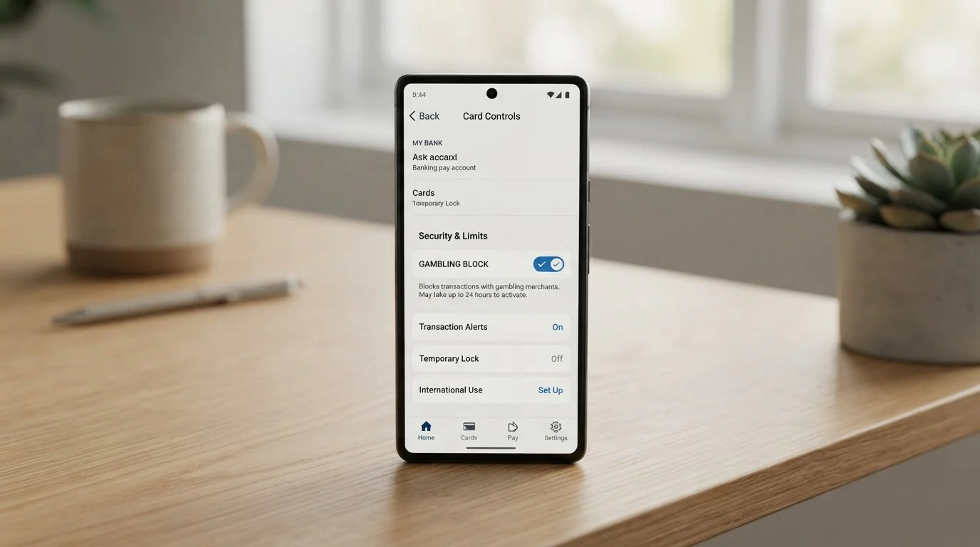 Banking app screenshot showing gambling block toggle switch activated