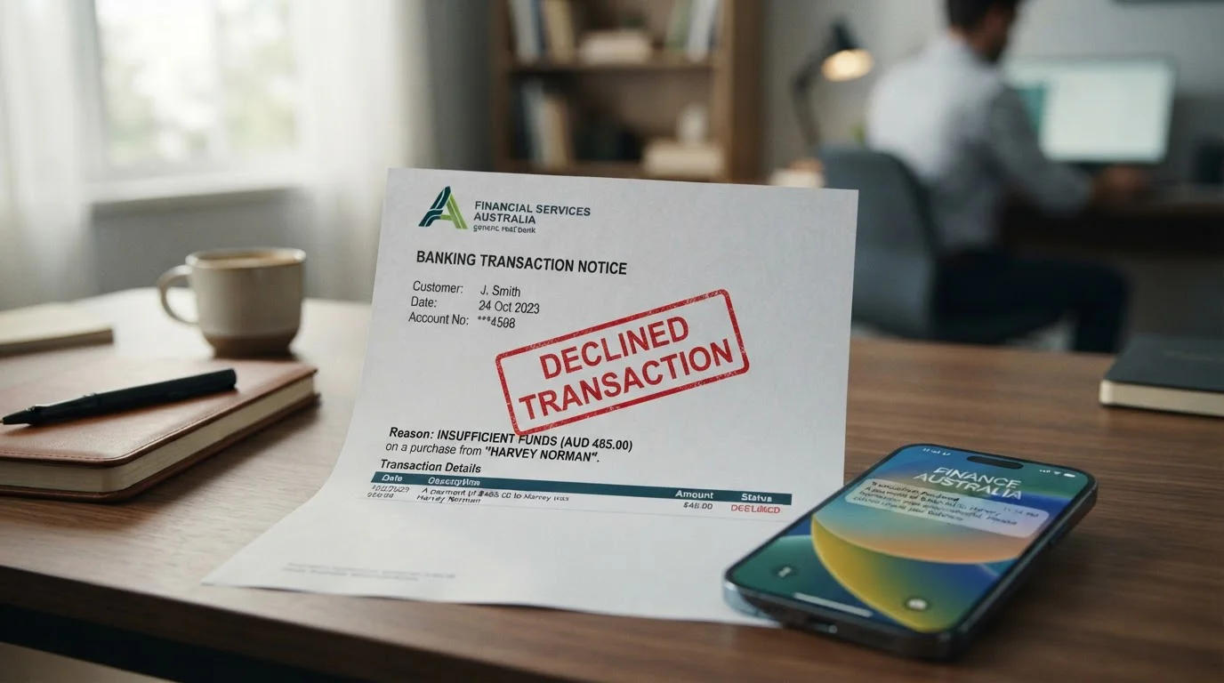 Australian banking documents showing declined offshore casino transaction notification