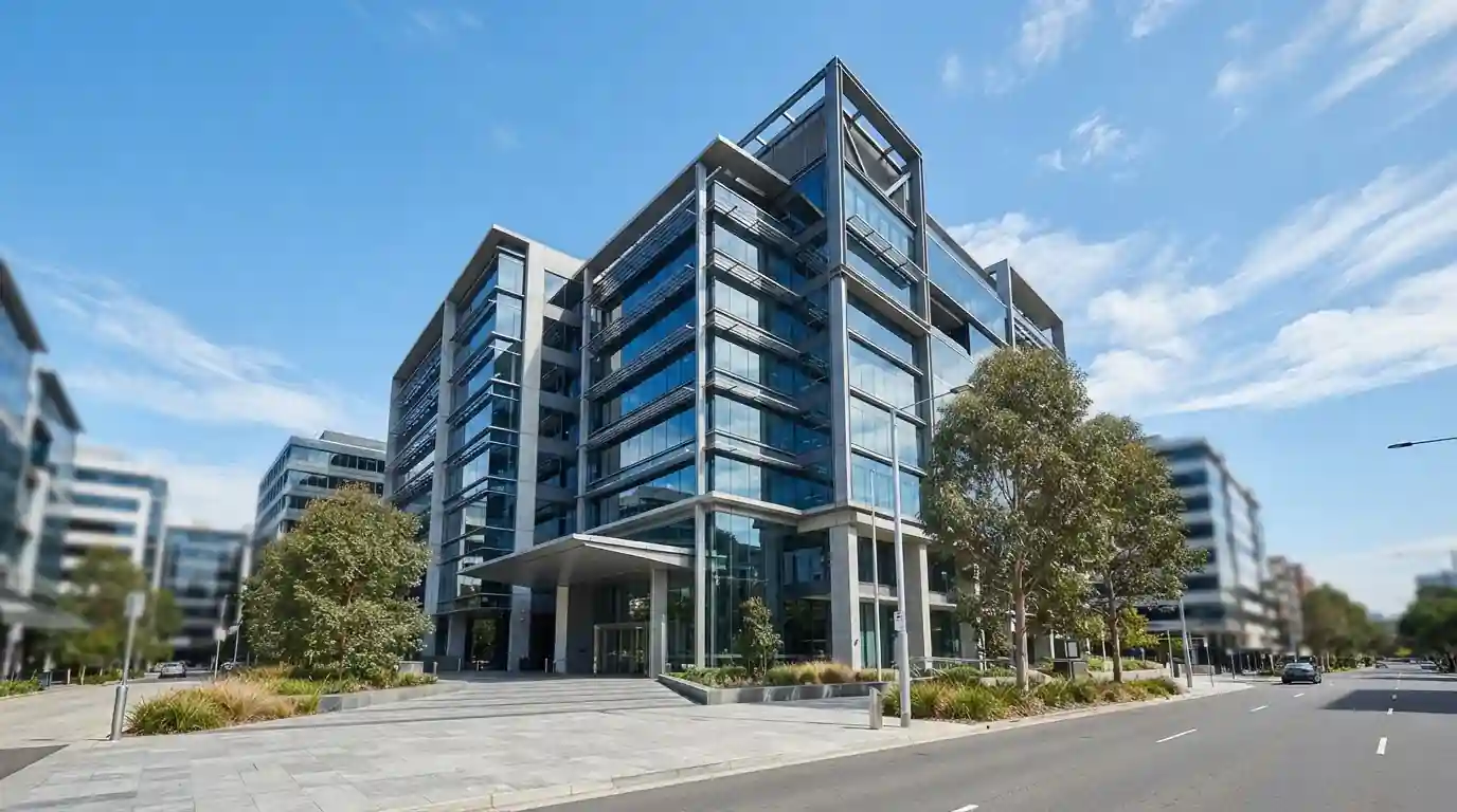 Australian bank building with Visa transaction flow diagram