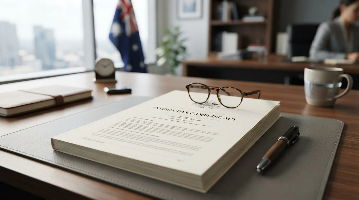 Interactive Gambling Act legal document on desk with reading glasses and Australian flag
