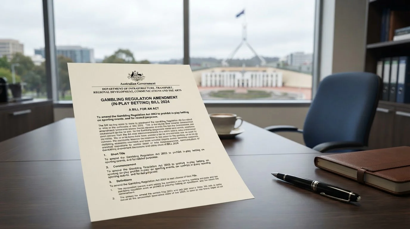 Australian government building with legal document showing Interactive Gambling Act text