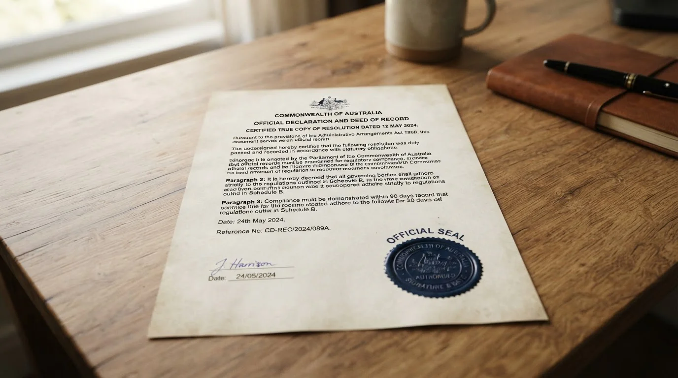Official Australian government document with stamp and legal text