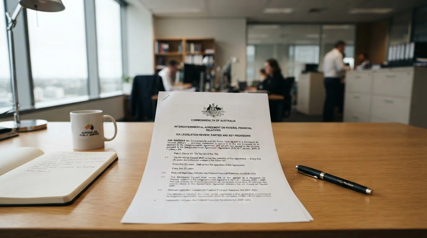 Australian government document with IGA legislation text visible on desk