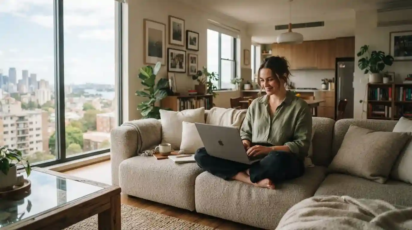 Person sitting comfortably on sofa with laptop in modern Australian living room