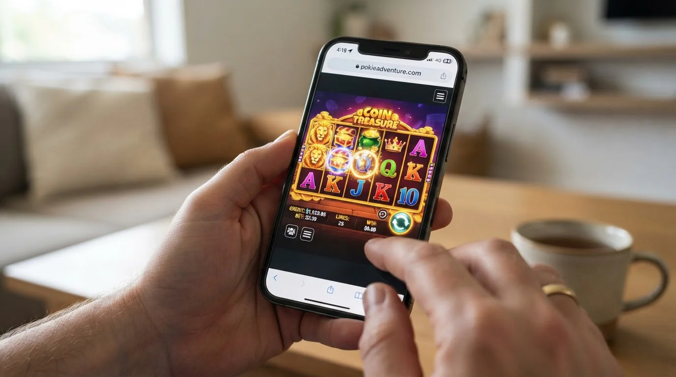Pokie game reels on mobile device screen showing realistic slot interface