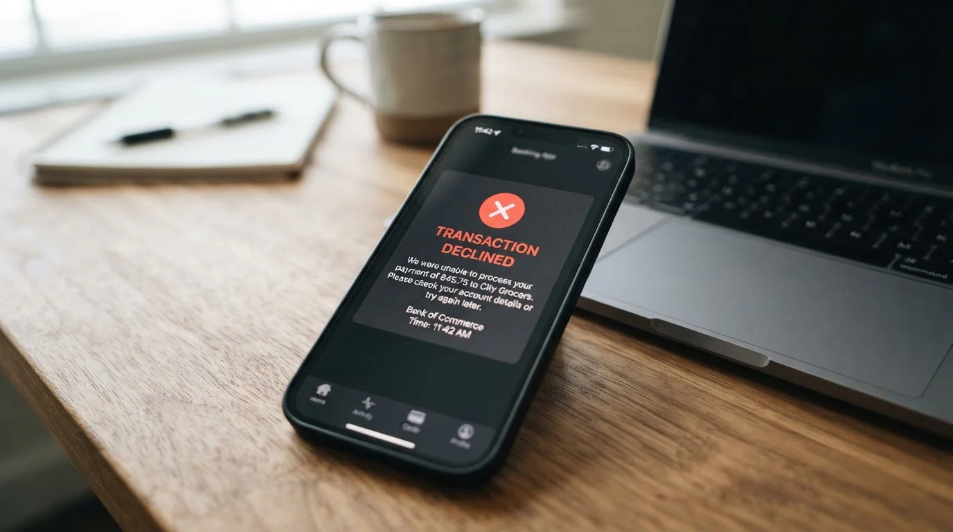 Person reviewing declined PayID transaction notification on a banking app screen