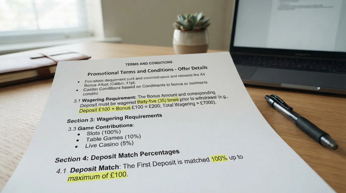 Bonus terms document showing wagering requirements and deposit match percentages