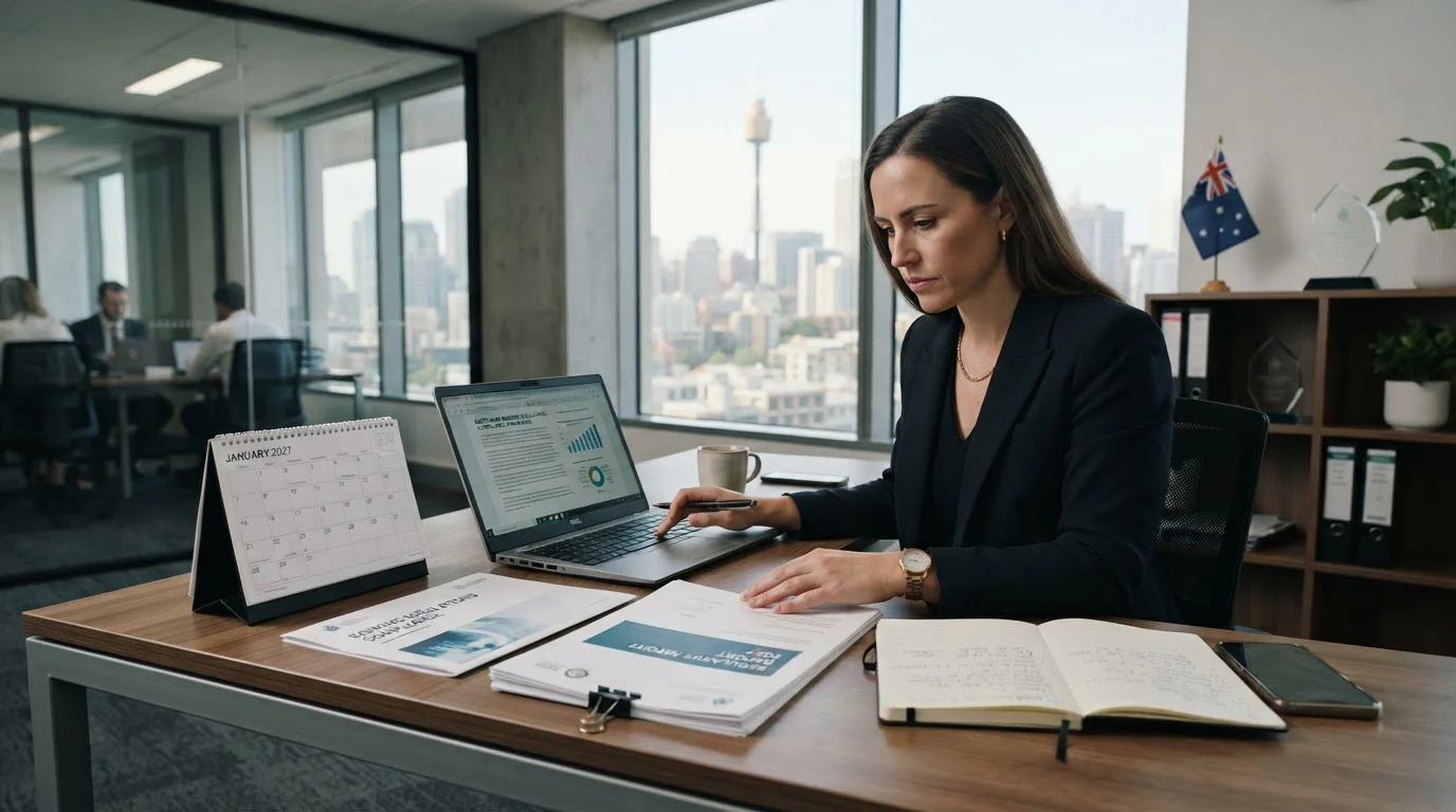 Office desk with 2027 calendar and banking regulation documents showing upcoming restrictions