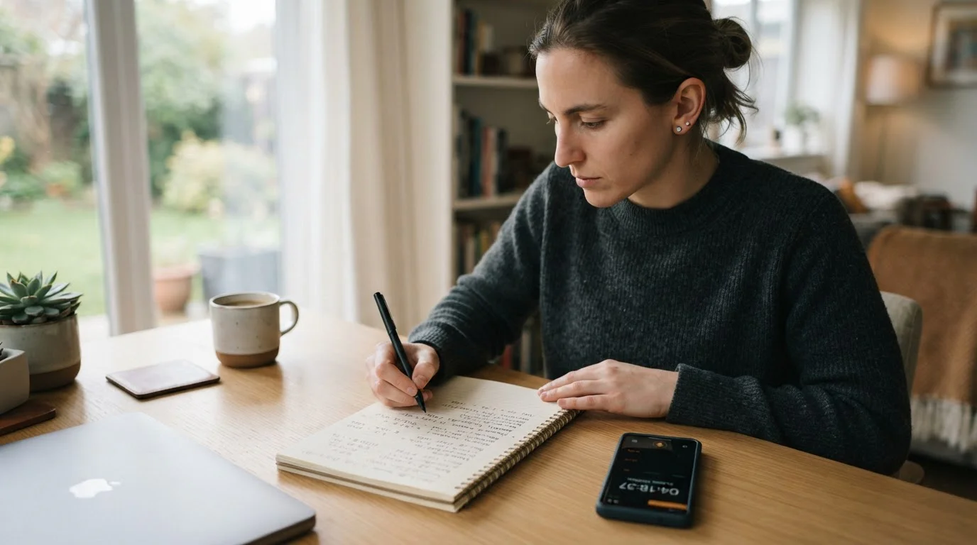 Person at desk with notepad calculating bet sizes and session length