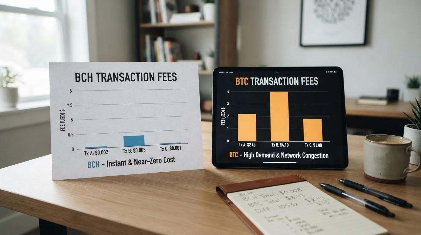 Bitcoin Cash and Bitcoin transaction fee comparison chart showing BCH advantage