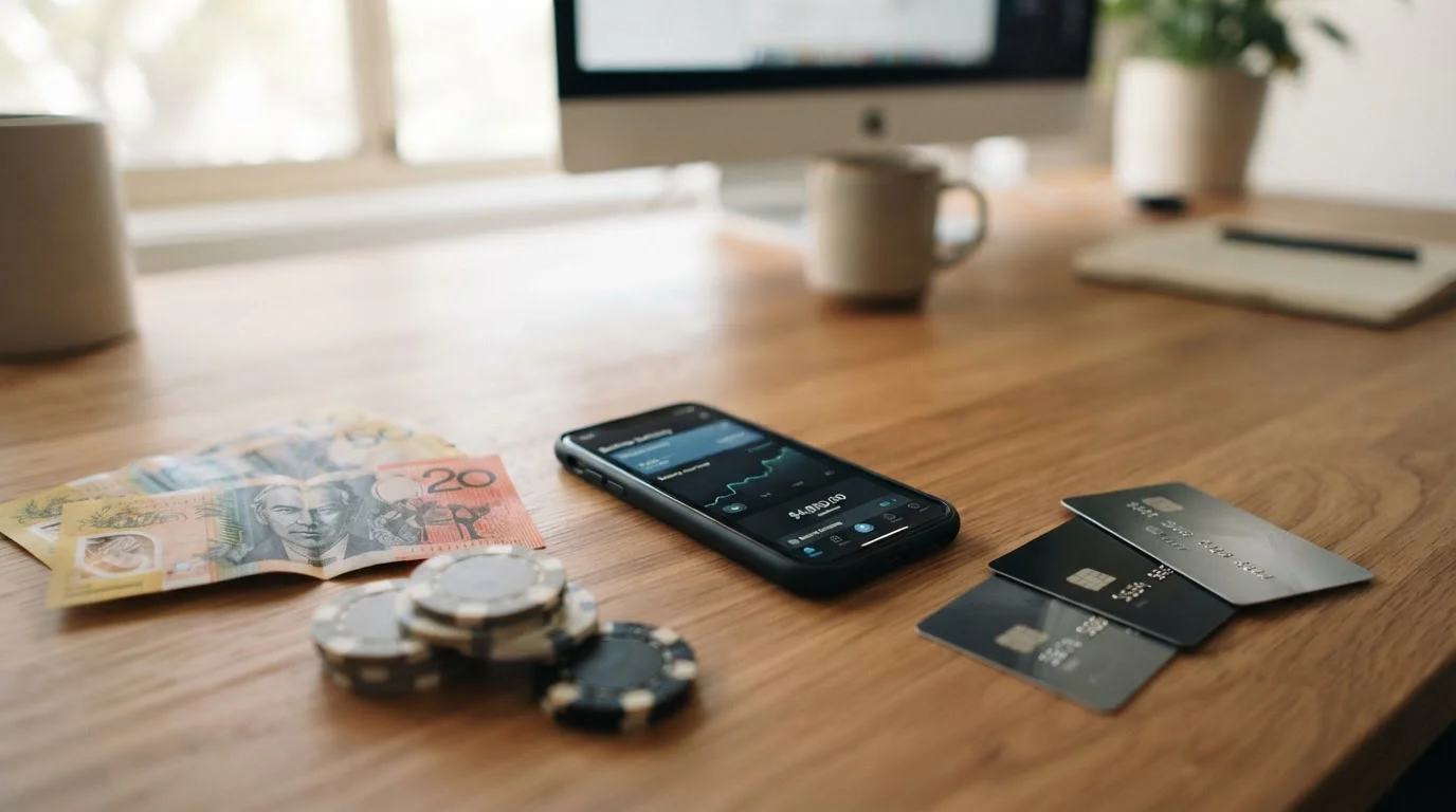 Australian casino payment methods overview with cards, smartphone, and banking interface