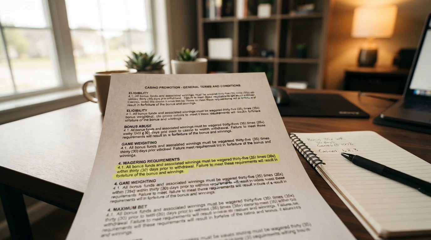 Bonus terms document with wagering requirements highlighted