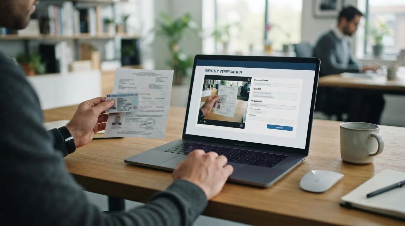 Person verifying identity documents for KYC at computer