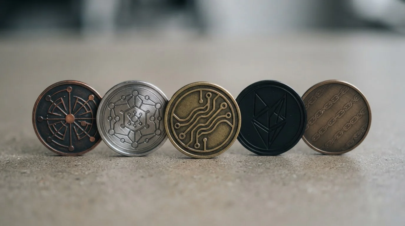 Abstract crypto tokens of different chains arranged on a neutral surface