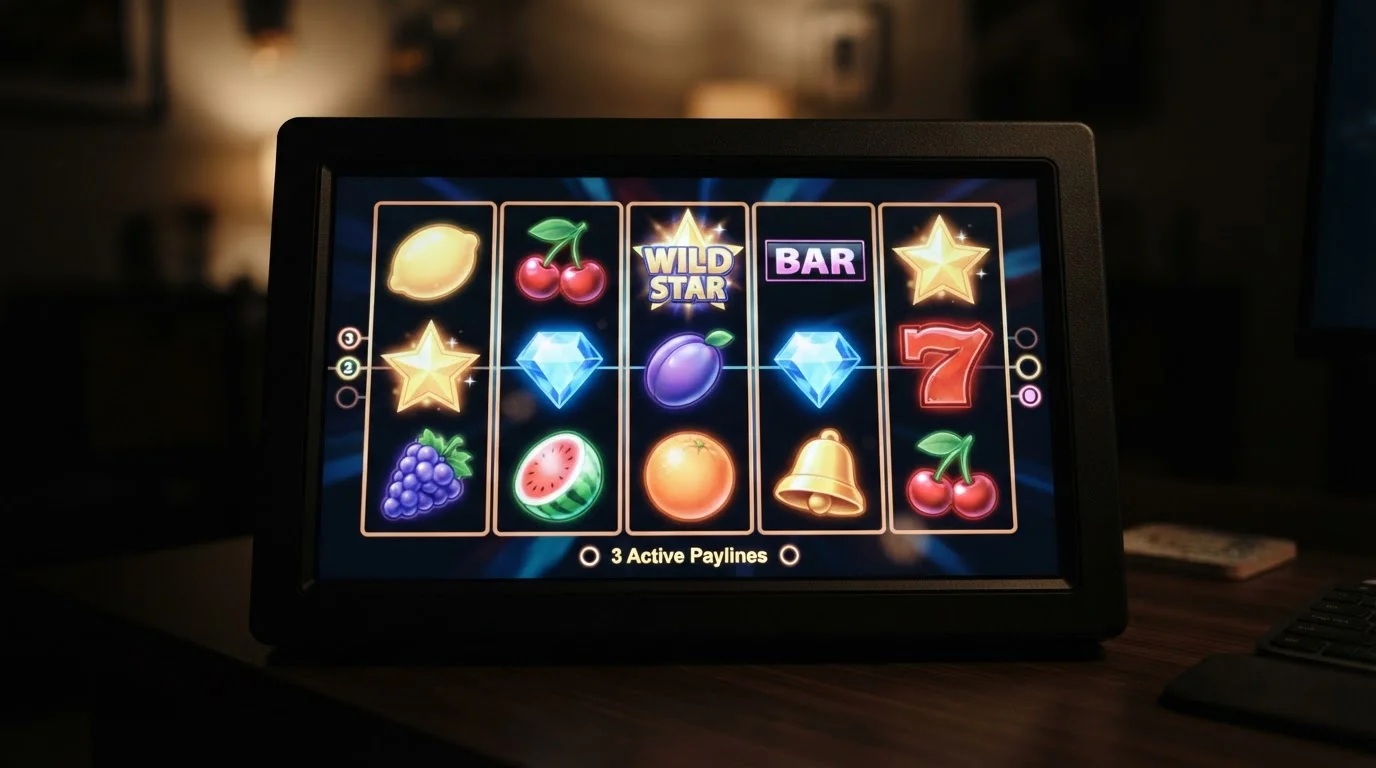 Generic slot reels with abstract fruit and star symbols on a screen, no branding