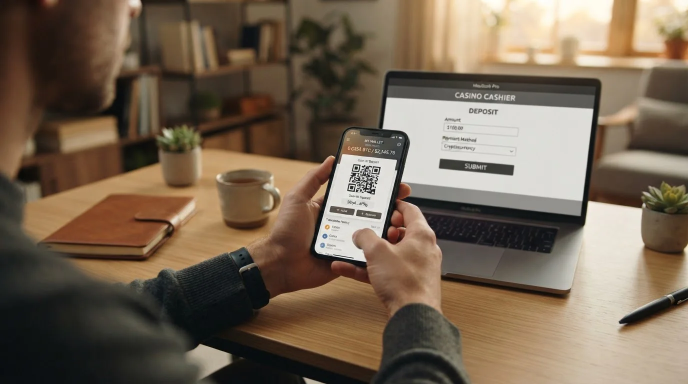 Person sending a Bitcoin deposit from a phone wallet to an online pokies cashier