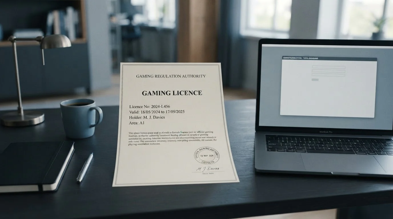 Neutral offshore gaming licence document on a desk beside a laptop