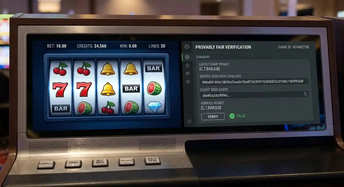 Pokies reels and provably fair game interface side by side