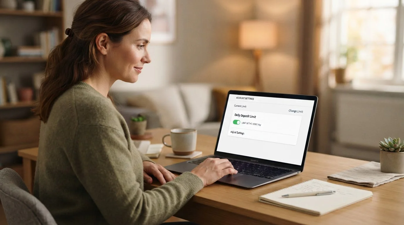 Person setting a deposit limit in a calm account settings screen on a laptop