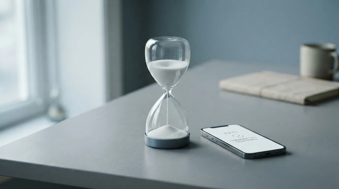 Hourglass beside a smartphone showing a crypto withdrawal confirmation