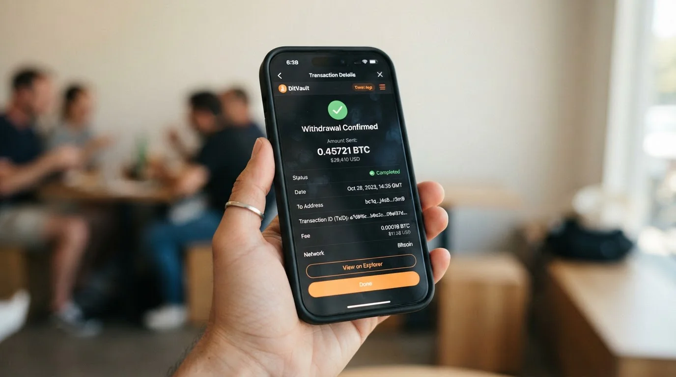 Bitcoin wallet interface showing withdrawal transaction to non-custodial address